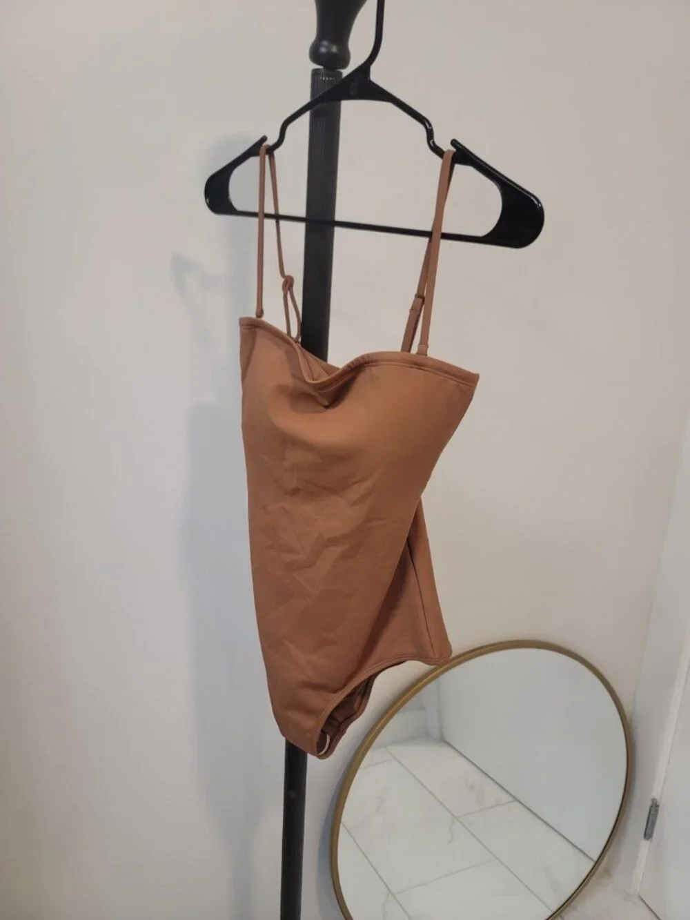 SPANXshape Pique Bandeau One Piece Swimsuit Brown Shaping Strapless NWoT M New
